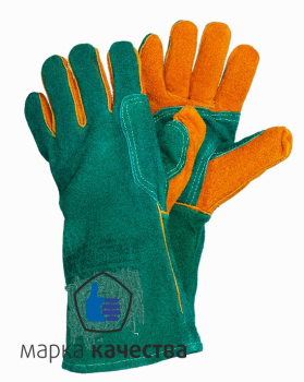 Краги из спилка зеленого цвета, с усилением, прошиты огнеупорной нитью  - Производство и оптовая продажа хлопчатобумажных перчаток с ПВХ-покрытием, Екатеринбург